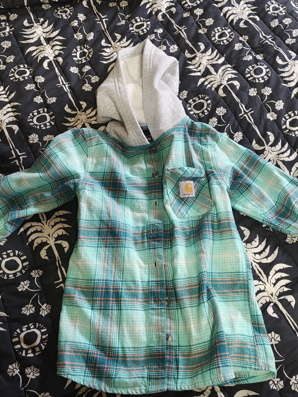 Carhartt Girls Teal & Gray Plaid Hooded Button-Front Shirt